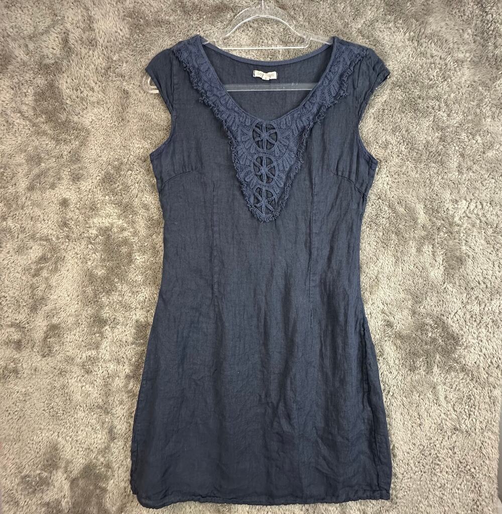 Lina Tomei Italy Linen Shift Sheath Mini Dress S Small Cap Sleeve Embroider Lace